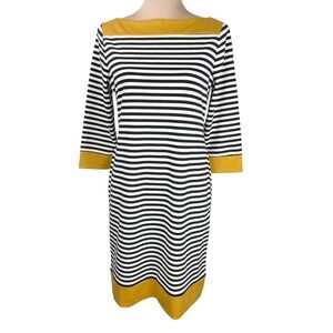 Isaac Mizrahi Striped Knit Shift Dress Gold Trim Medium Nautical Preppy Coastal